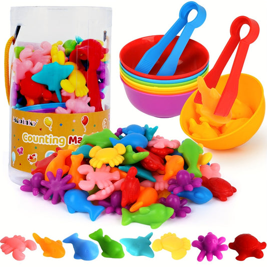 Ocean Animals Color Sorting Toy 64pcs with Sorting Bowl — Toddler Counting Matching Math Learning Activity, Montessori Sensory Educational Toy for Kids Ages 2-5, Birthday Christmas Gift