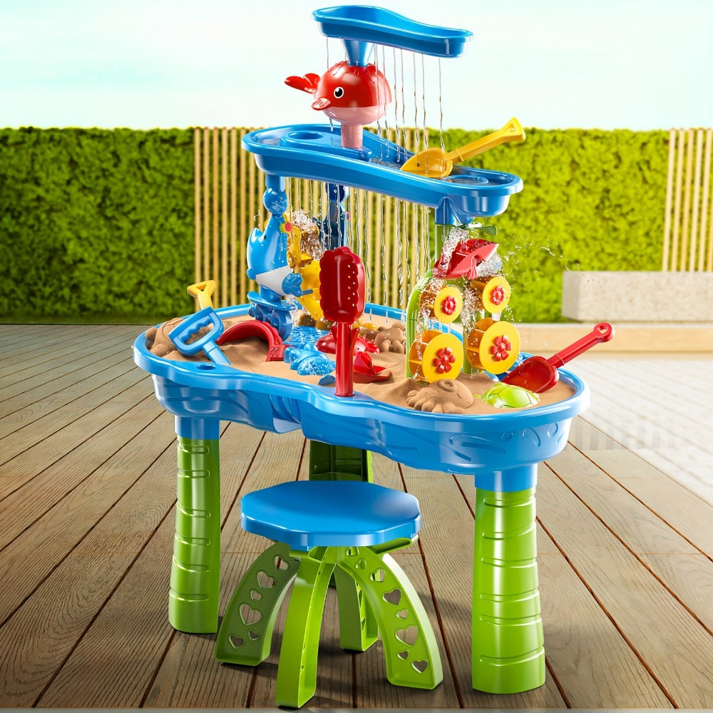Sand Water Table for Kids 3-Tier Outdoor Sensory Play Table with Shovel Scoop & Strainer – Backyard Beach Summer Toy for Toddlers Boys Girls (Blue)