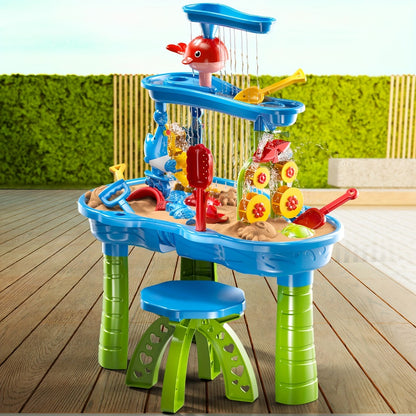 Sand Water Table for Kids 3-Tier Outdoor Sensory Play Table with Shovel Scoop & Strainer – Backyard Beach Summer Toy for Toddlers Boys Girls (Blue)