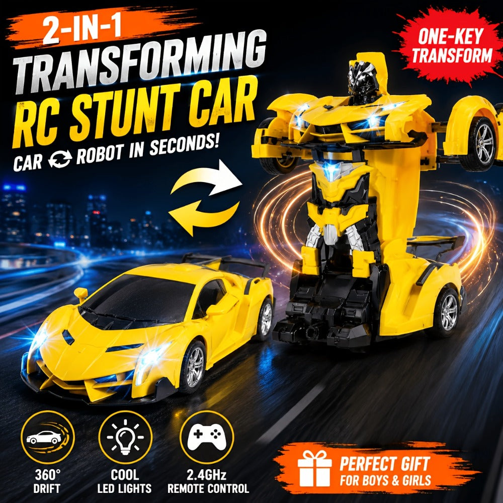 Transforming RC Stunt Car Robot for Kids – One-Button Deformation 360 Drift 2.4GHz Remote Control Toy with LED Lights Boys Gift Ages 3+ (Red/Blue/Yellow)