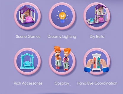 LED Dollhouse Playset for Girls – Purple Multi-Room Playhouse with Doll Figures, Puppies, Furniture & LED Lighting, 6 to 16 Room Options, Creative Imaginative Gift for Girls Ages 3-10 Birthday Christmas