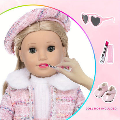18Inch Baby Doll Knitted Clothes Outfits Include Hat Top Jacket Skirt Set 18inch America Doll Make Up Lipstick Toy Baby Doll Accessories Girl Playing House Games Gift, Birthday Gift, Play Favor, Christmas Present, Baby Doll & Reborn Doll Accessories