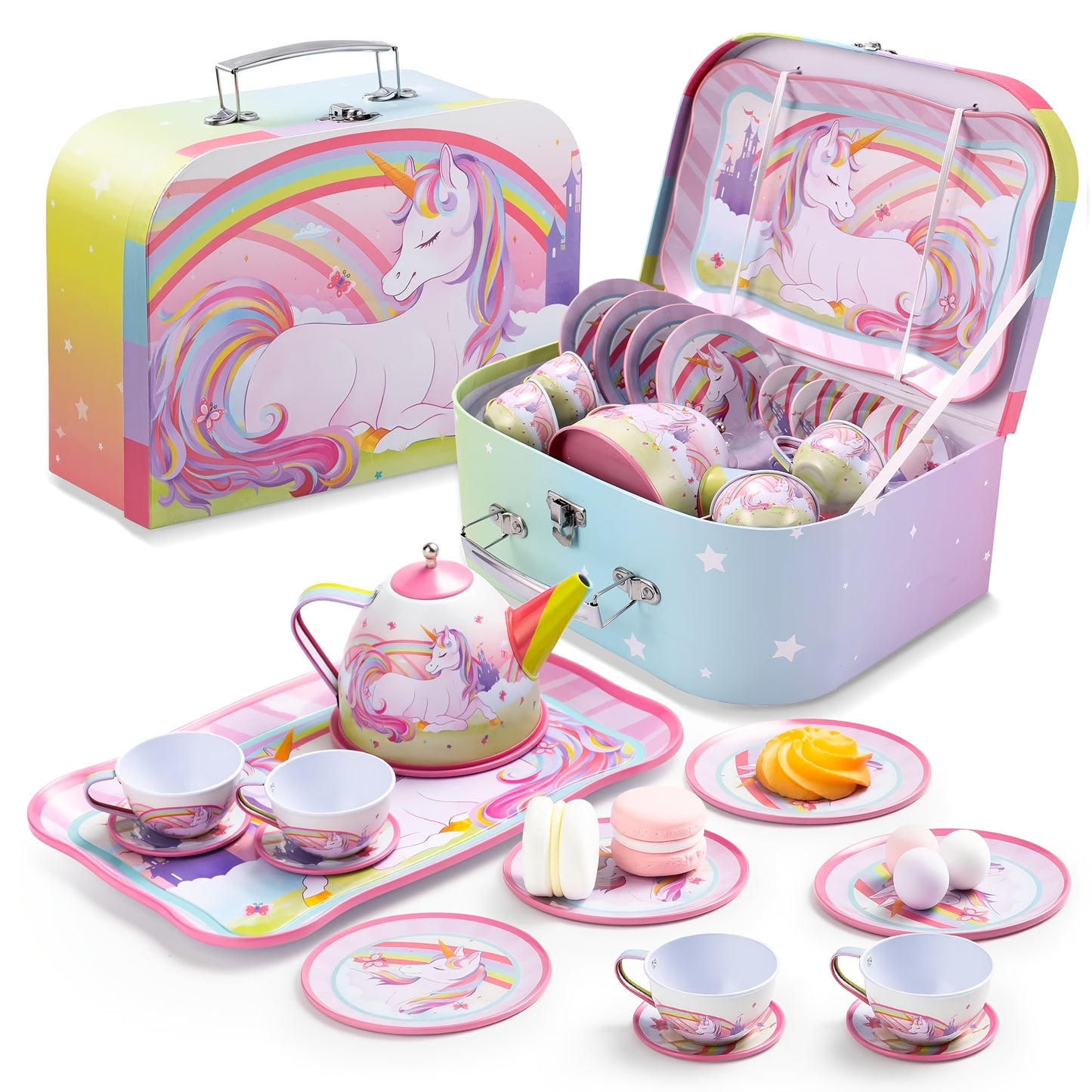 A Whimsical Tea Party Set Featuring Unicorns, Designed for Young Girls. This Pretend Play Pink Tin Teapot Collection Includes a Teapot, Cup, Plate, And a Carrying Case, Perfect for Children Aged 3 And Up. an Ideal Christmas Gift