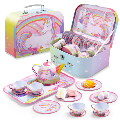 A Whimsical Tea Party Set Featuring Unicorns, Designed for Young Girls. This Pretend Play Pink Tin Teapot Collection Includes a Teapot, Cup, Plate, And a Carrying Case, Perfect for Children Aged 3 And Up. an Ideal Christmas Gift