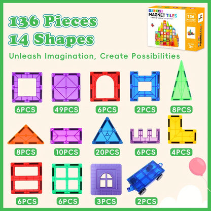 Magnetic Tiles for Kids 80/106/136pcs with 2 Cars – STEM Magnetic Building Blocks Construction Toy Set, Crystal Clear ABS, Sensory Learning Toy for Boys Girls Ages 3 4 5 6 7 8 9+, Birthday Christmas Gift