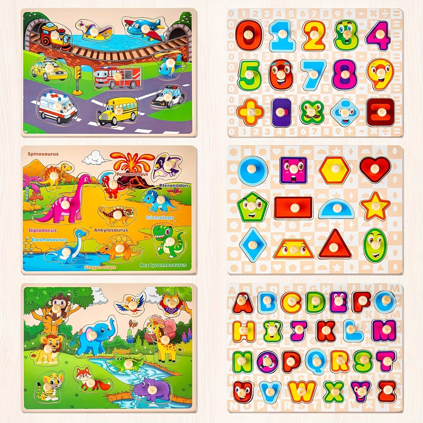 Wooden Puzzles for Toddlers 12 Months + Years Old, 6XSET Puzzles for Toddlers 1+years Old with Rack, Learning Alphabet Number Shape Animal Dinosaur Vehicle, Education Toddler Puzzles Toys Gifts for 12 Months + Years Boys Girls