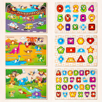 Wooden Puzzles for Toddlers 12 Months + Years Old, 6XSET Puzzles for Toddlers 1+years Old with Rack, Learning Alphabet Number Shape Animal Dinosaur Vehicle, Education Toddler Puzzles Toys Gifts for 12 Months + Years Boys Girls