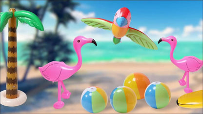 Hawaiian Luau Inflatable Party Decorations 10-Piece Set – 2 Palm Trees, 2 Flamingos, 4 Beach Balls, Parrot & Banana, Tropical Pool Party Supplies for Kids & Adults, Summer Beach Birthday Gift