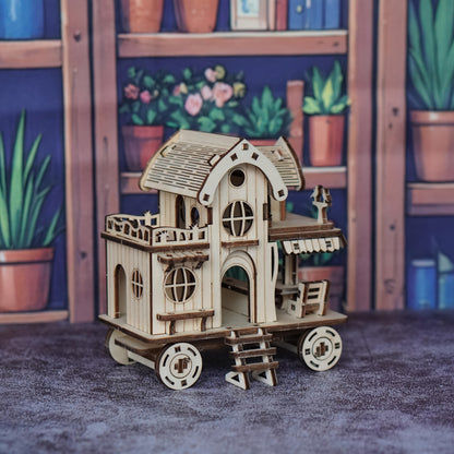 A 3D Wooden Puzzle of a Villa, Featuring a Mobile House on Wheels, Designed As a Model of a Wooden Café Bar. These Handcrafted Wooden Assembly Blocks Make an Ideal Gift for Loved Ones