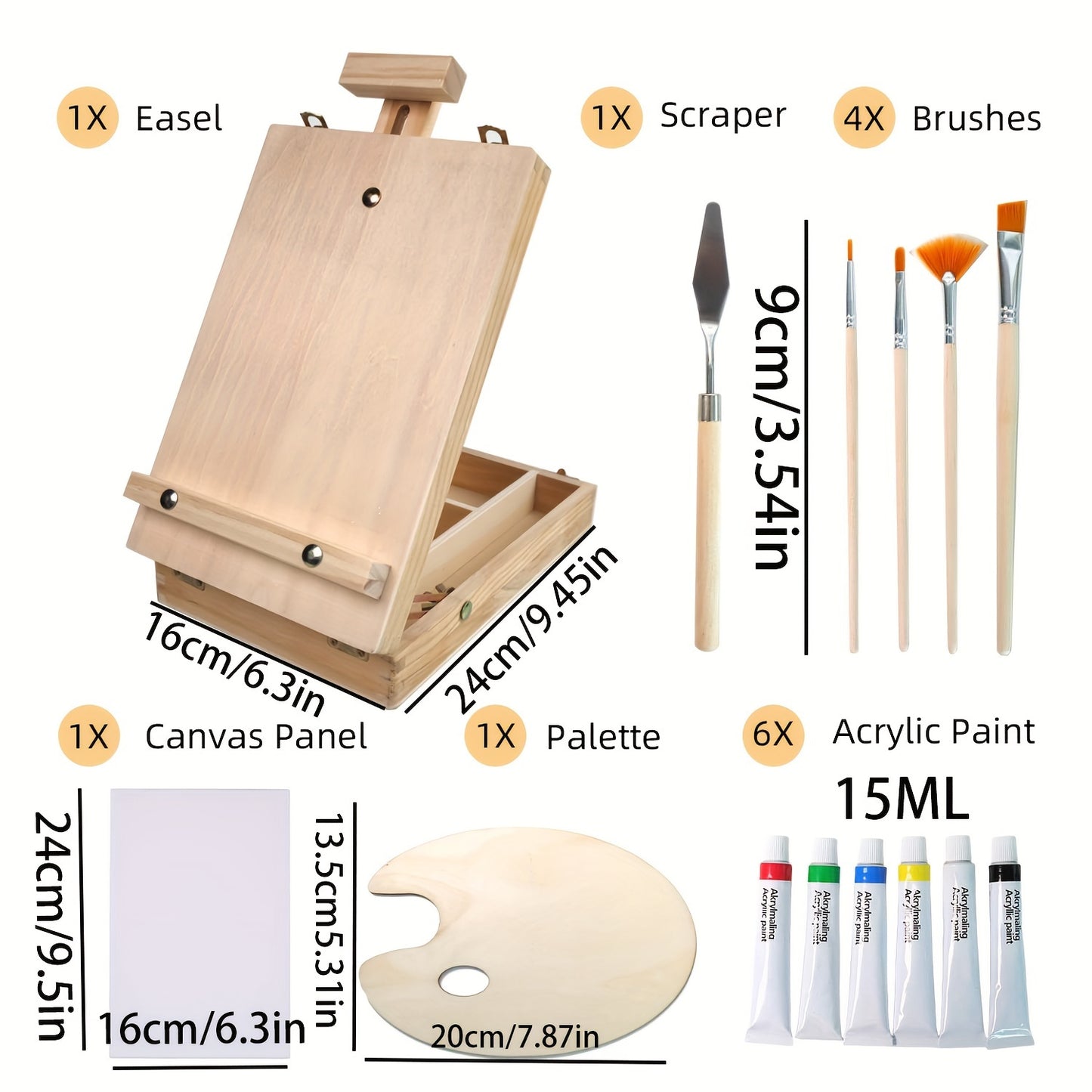 14pcs New Outdoor Painting Set Painting Box, Sketch Box, Portable Adjustable Wooden Tabletop Easel, Including Paint, Tray, Canvas, 4 Pens, Shovel