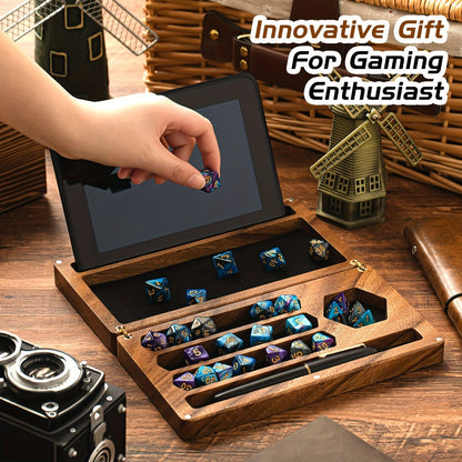 Walnut Dice Box & Rolling Tray 4.8x9 Inch Handmade – Magnetic Flip Lid, Dice Storage, Phone & Tablet Stand for Tabletop RPG Board Games, DnD Accessories & Gamer Gift
