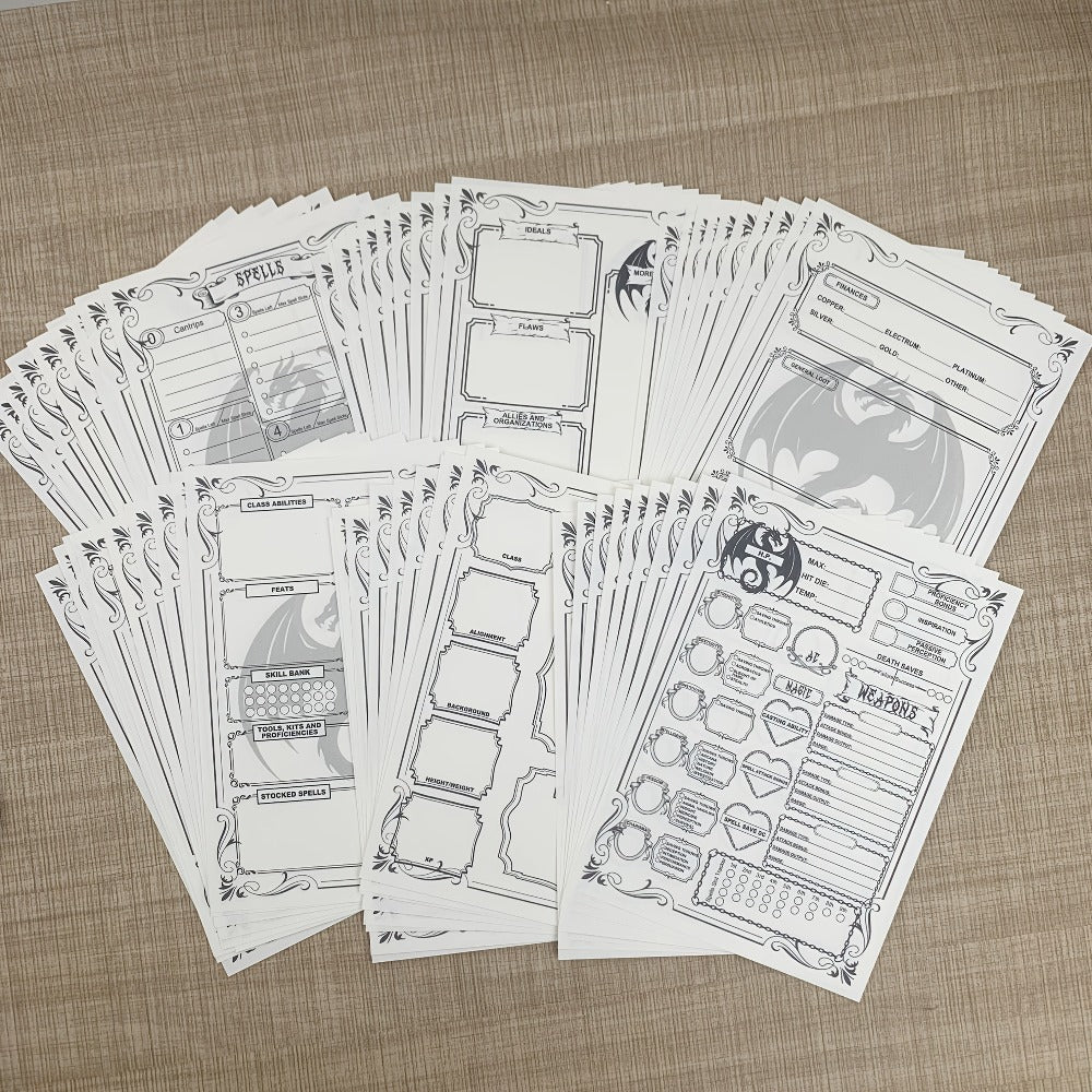 DnD 5e Character Sheet Set with Spell Tracker – A5 Player Journal for Dungeons & Dragons Campaigns, 10 Sets x 6 Unique Pages (60 Pages Total), Complete RPG Role Playing Game Accessory & Gift for Players & DMs