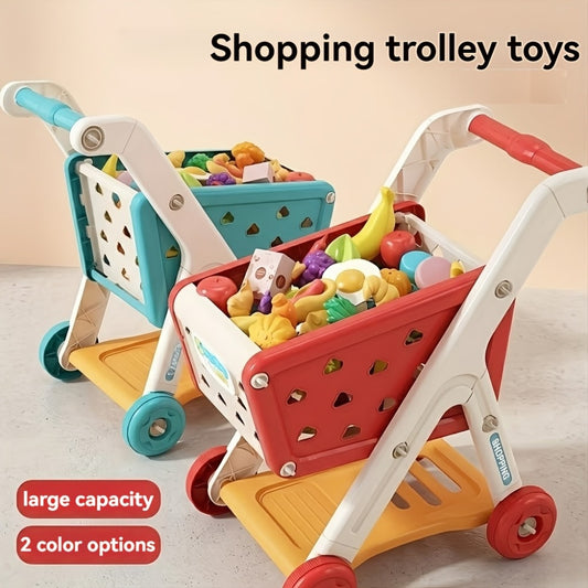 Deluxe Play Shopping Cart Set with Realistic Food - Perfect for Pretend Supermarket & Kitchen Play, Ideal Birthday, Christmas & New Year Gift, Red/Blue