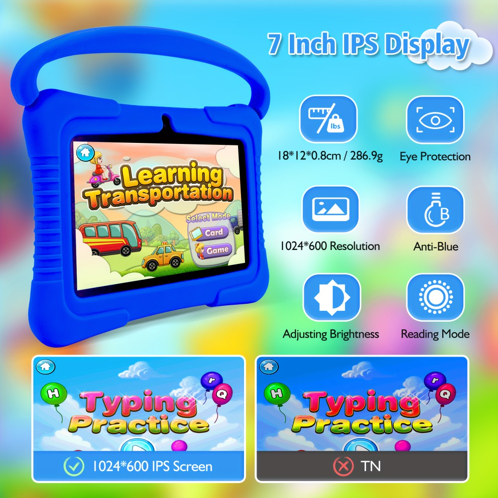 Veidoo Kids Tablet, 7 Inch Android Tablet PC, 2GB RAM 32GB ROM, Safety Eye Protection Screen, Wifi, Dual Camera, Games, Parental Control APP, Tablet with Silicone Case