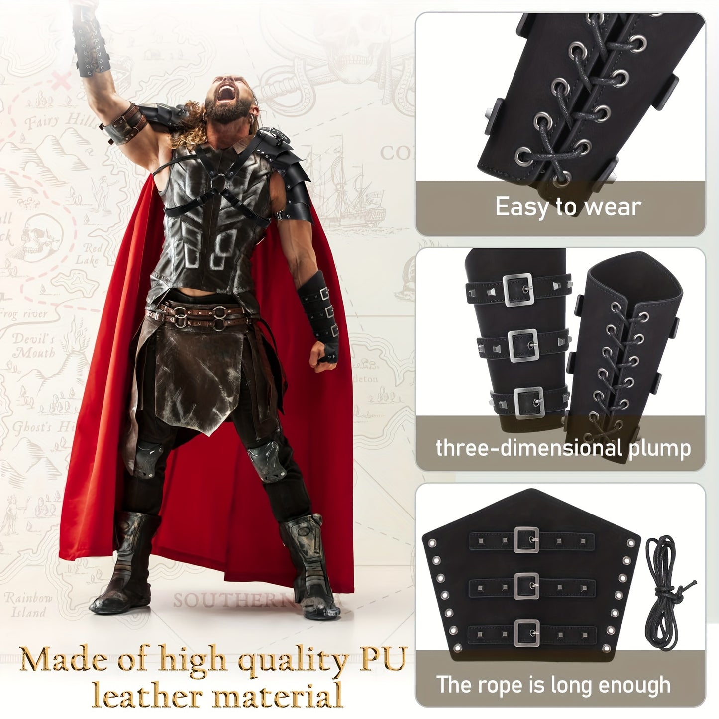 Unisex 4pcs/Set Halloween Adults PU Leather Double Shoulder Cover Cape, Faux Leather Arm Guards Medieval Knight Belt for Cosplays Men&Adult