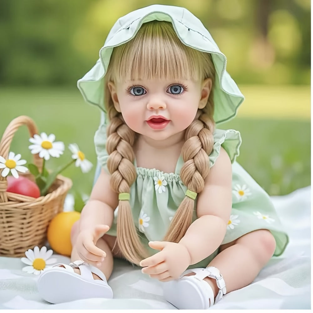 Bath Safe Reborn Baby Doll 22 Inch 55CM Full Vinyl Long Hair – Poseable Stand Sit Lay, Hand-Painted Lifelike Newborn Girl, Gift Set with Outfit Pacifier Bottle for Kids Ages 3+ & Collectors