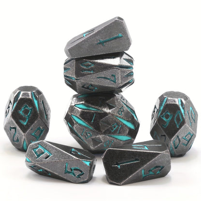 Metal DnD Dice Set 7pcs Glow in the Dark – Stonehenge Zinc Alloy Polyhedral Dice with Display Box, D4 D6 D8 D10 D12 D20 for D&D RPG Tabletop Games, Unique Gamer Gift Blue