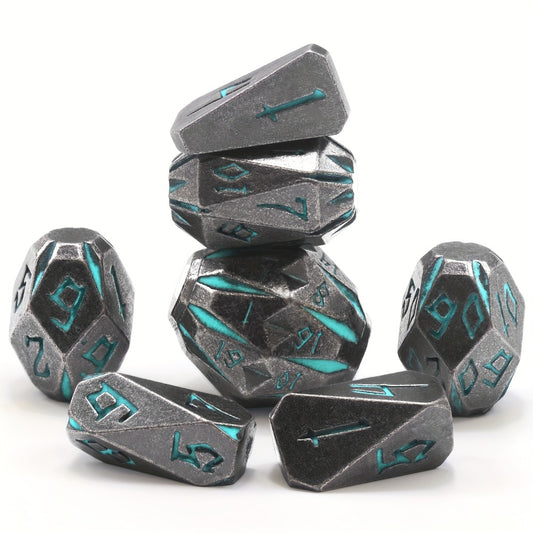 Metal DnD Dice Set 7pcs Glow in the Dark – Stonehenge Zinc Alloy Polyhedral Dice with Display Box, D4 D6 D8 D10 D12 D20 for D&D RPG Tabletop Games, Unique Gamer Gift Blue