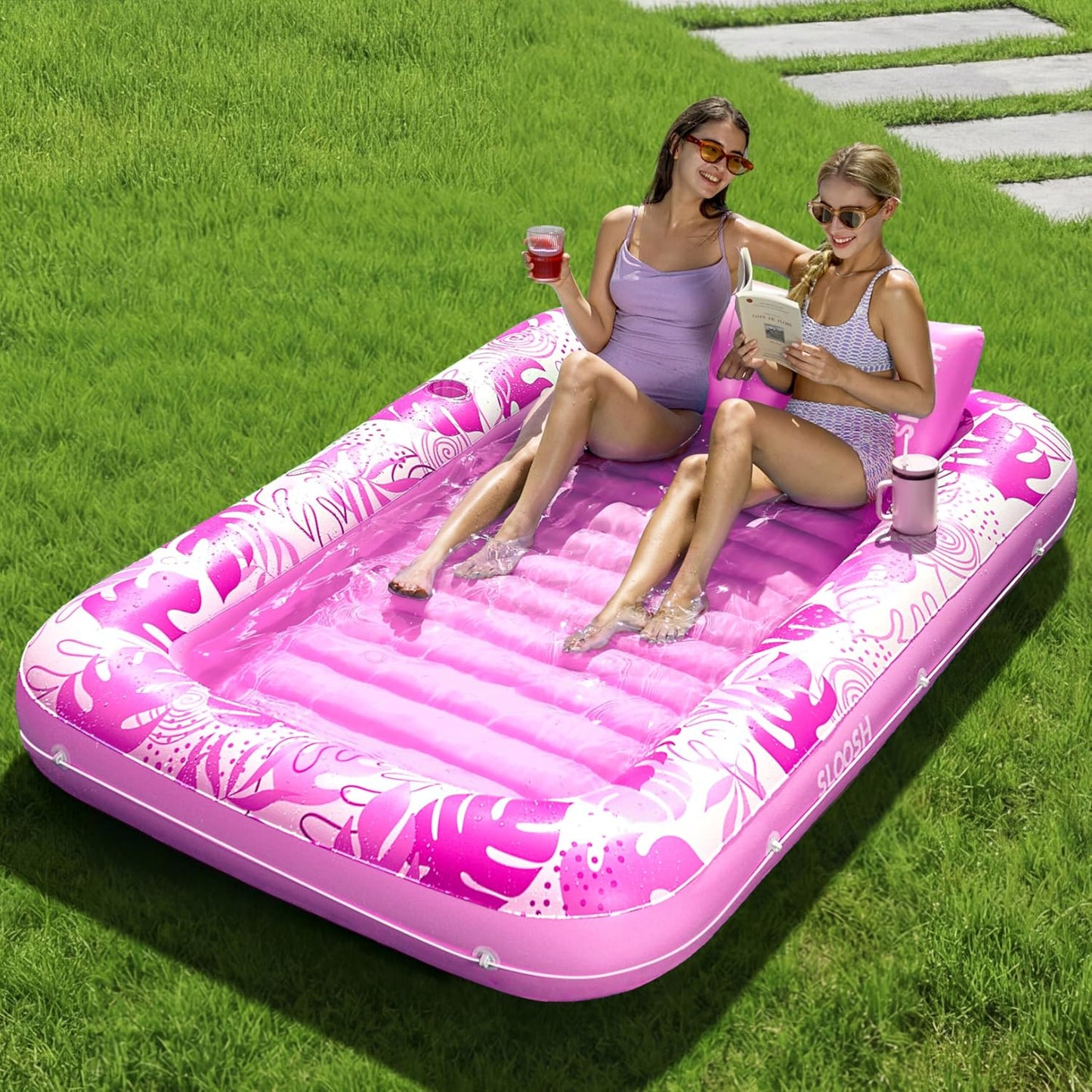 SYNCFUN Inflatable Tanning Pool Lounger Float, Extra Large Pool Floats Adult with Pillow, 4 in 1 Suntan Tub Raft Floatie, Sunbathing Bed Lounge Blow Up Ball Pit Party Gifts, Hot Pink
