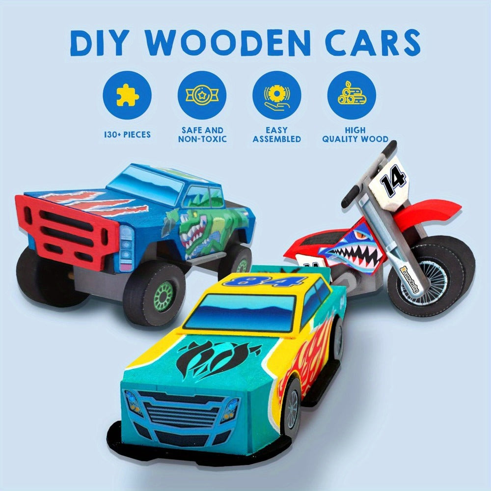 Build and Paint Wooden Vehicle Kit for Kids 144 Pieces – Race Car Motorcycle Monster Truck, 12 Colors 3 Brushes Racing Decals, STEM Craft Gift for Boys Ages 6 7 8 9 10