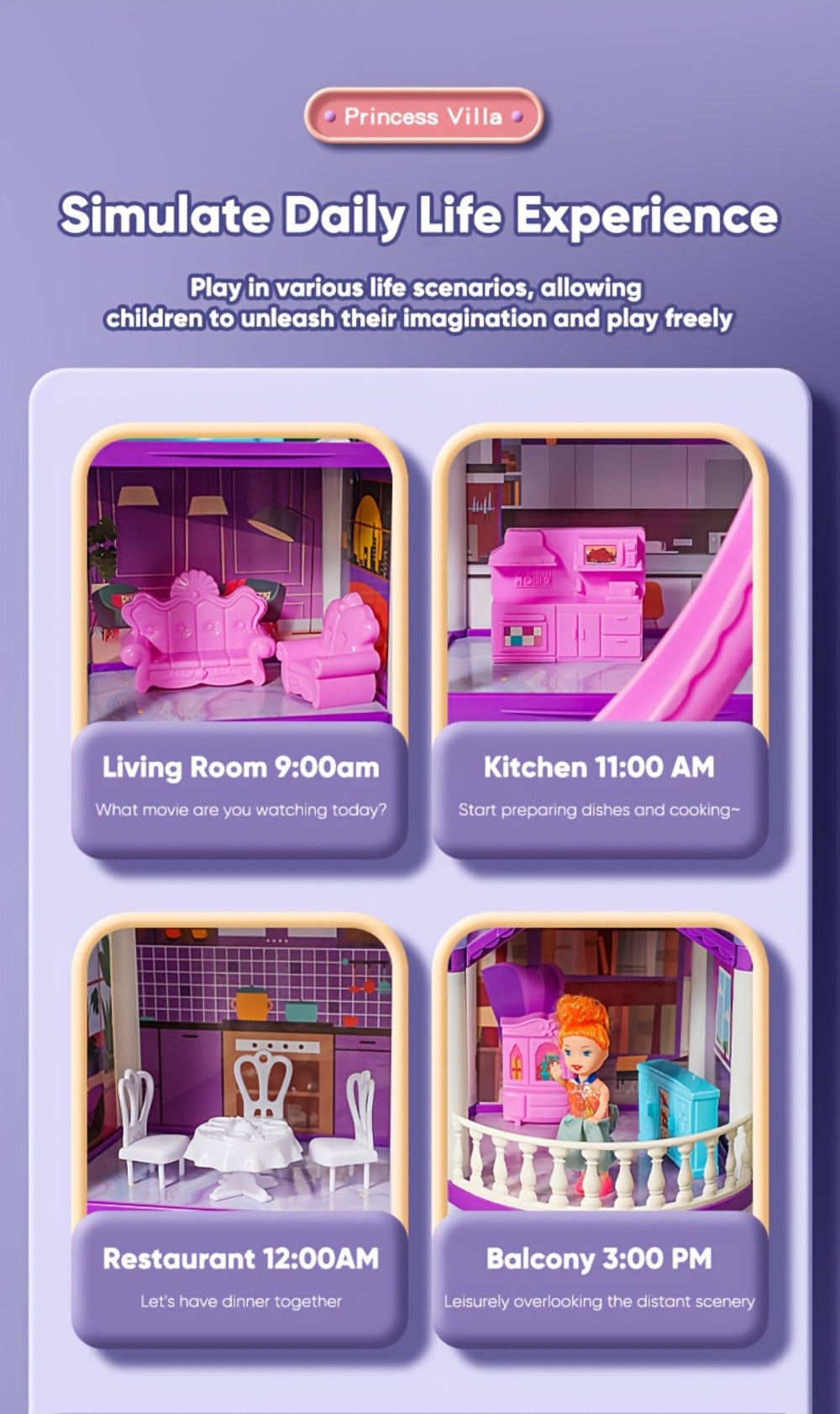 LED Dollhouse Playset for Girls – Purple Multi-Room Playhouse with Doll Figures, Puppies, Furniture & LED Lighting, 6 to 16 Room Options, Creative Imaginative Gift for Girls Ages 3-10 Birthday Christmas