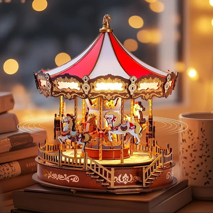 Rolife Carousel Music Box Kit – DIY 3D Wooden Puzzle Architectural Craft Model, Spinning Carousel with Music, Hobby Home Decor, Valentine's Day Birthday Christmas Anniversary Gift for Adults Teens
