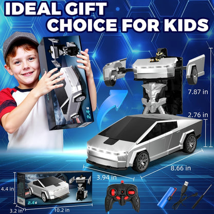 Transforming Robot RC Car 1:18 Scale – One-Button Transform, LED Headlights, 360° Spinning & Drifting Remote Control Toy Car for Boys & Girls, Birthday Christmas Easter Gift, Grey Red Silver