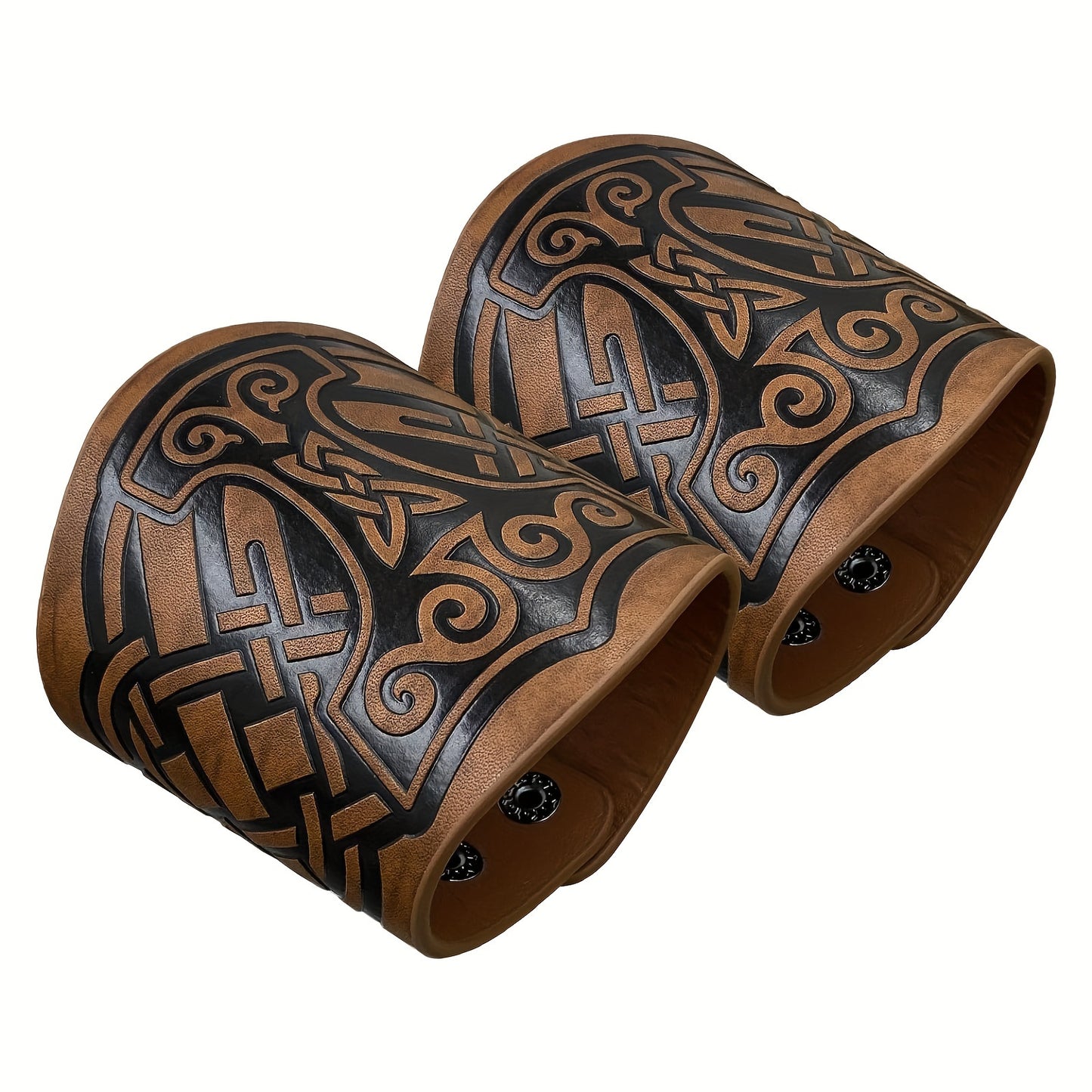 2pcs Viking Embossed Faux Leather Cuff Bracelets - Norwegian Vintage Wristbands with Nordic Mjolnir & Vegvisir Designs