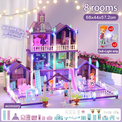 LED Dollhouse Playset for Girls – Purple Multi-Room Playhouse with Doll Figures, Puppies, Furniture & LED Lighting, 6 to 16 Room Options, Creative Imaginative Gift for Girls Ages 3-10 Birthday Christmas