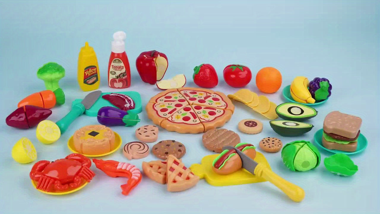 85pcs Pretend Play Food Sets for Kids Kitchen, Cutting Toy Food with 2 Baskets, Play Kitchen Accessories for Toddlers, Fake Food with Pizza Veggies Fruits, Kids Kitchen Toys, Boys Girls GiftChristmas