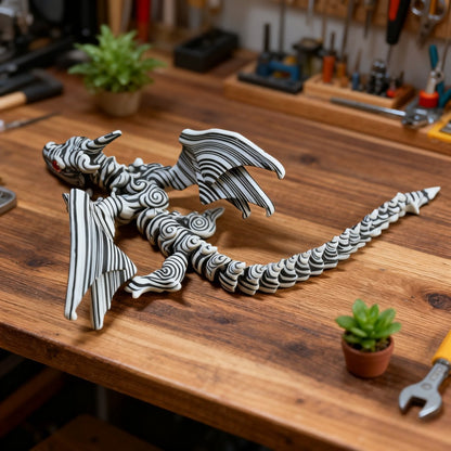 [3D Printed Dragon Statue] Cybernetic Dragon Statue, Random Eye Color - 3D Printed Black & White Swirl Figurine, Articulated Collectible Art for Desktop Display, Perfect for Teens 14+