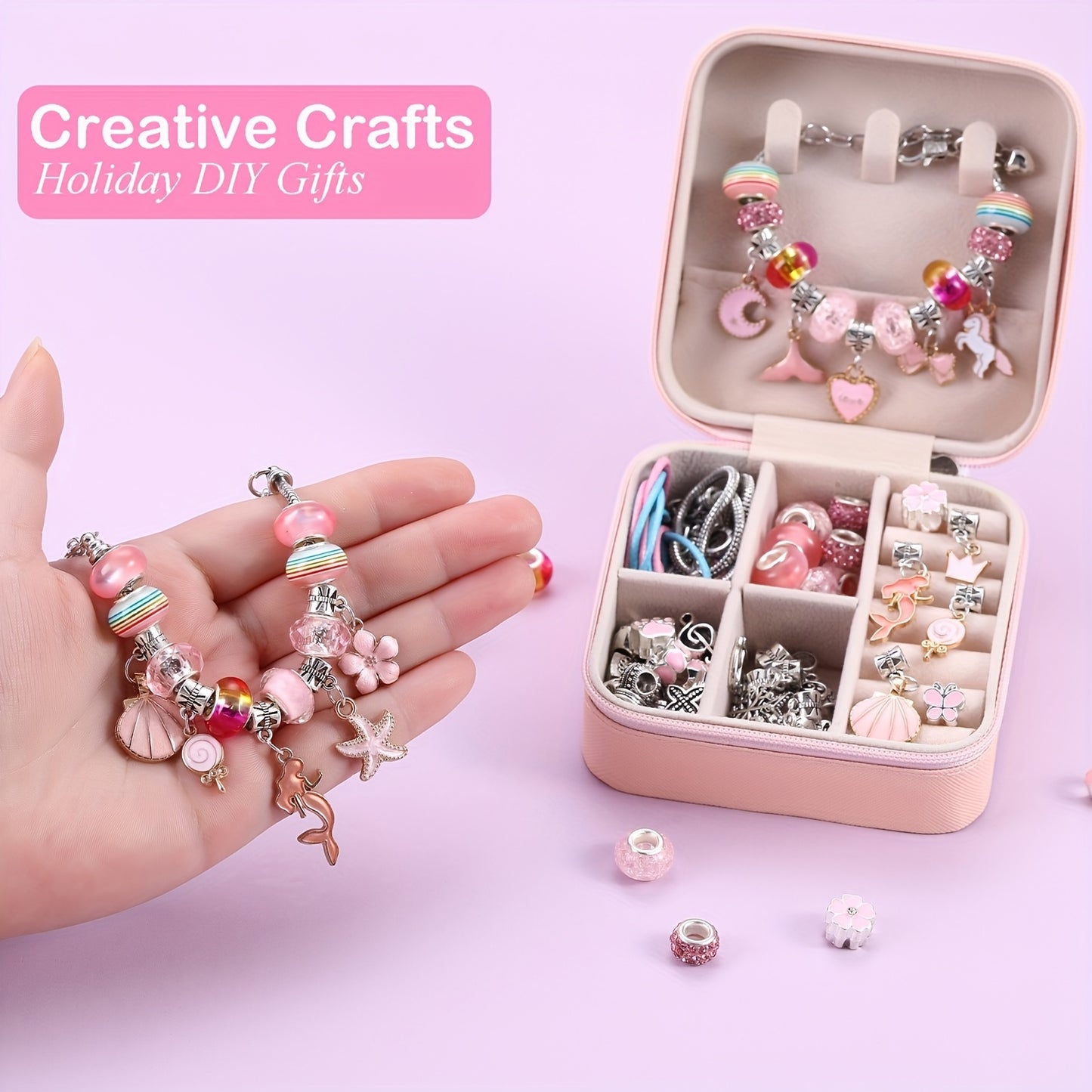 Pink Gifts for Girls - Pink Bracelet Making Set (with A Pink Portable Jewelry Box),Unicorn/Mermaid Crafts, Jewelry Making Crafts for Girls Aged 18+, Birthday Christmas Jewelry Gifts, Christmas Day, CNY, Graduation Gifts, Handmade Jewelry