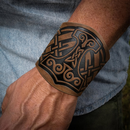 2pcs Viking Embossed Faux Leather Cuff Bracelets - Norwegian Vintage Wristbands with Nordic Mjolnir & Vegvisir Designs