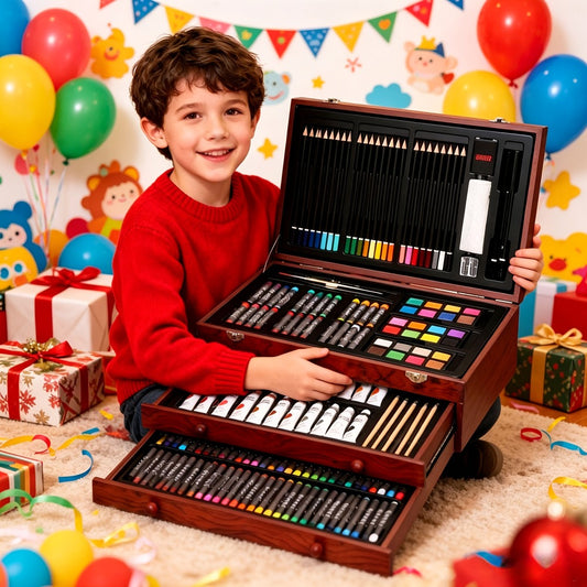 172 Piece Deluxe Art Set in Wooden Case with 2 Drawing Pads Crayons Acrylic Paints Colored Pencils Professional Art Kit Gift Box for Artists Beginners Ages 8+ Birthday Christmas