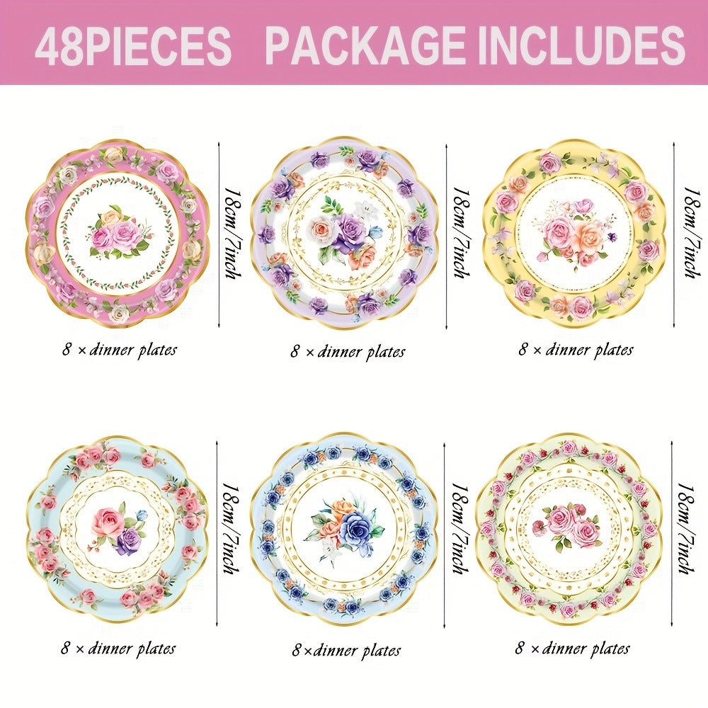 Floral Paper Plates 48 Pack – Disposable Tableware for Tea Parties, Birthday, Bridal Shower, Engagement, Wedding & Baptism Celebrations