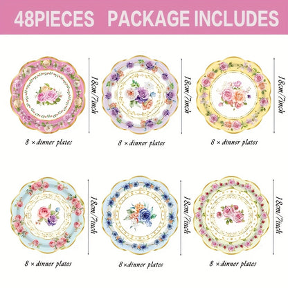 Floral Paper Plates 48 Pack – Disposable Tableware for Tea Parties, Birthday, Bridal Shower, Engagement, Wedding & Baptism Celebrations