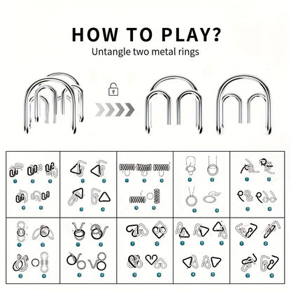 Metal Brain Teaser Puzzle Set 50 Pack – Golden Unlock Iron Chain Link Toys, Nine Rings Kongming Lock, IQ Logic Games for Kids & Adults, Party Favor Stocking Stuffer Halloween Christmas Gift