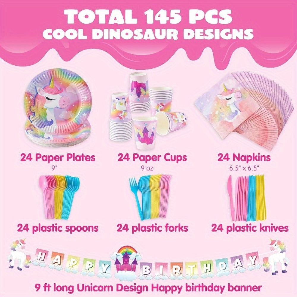 Unicorn Party Supplies 145 Pcs for 24 Guests – Disposable Tableware Set with Plates, Cups, Napkins, Cutlery & Happy Birthday Banner for Unicorn Theme Birthday Party Decorations