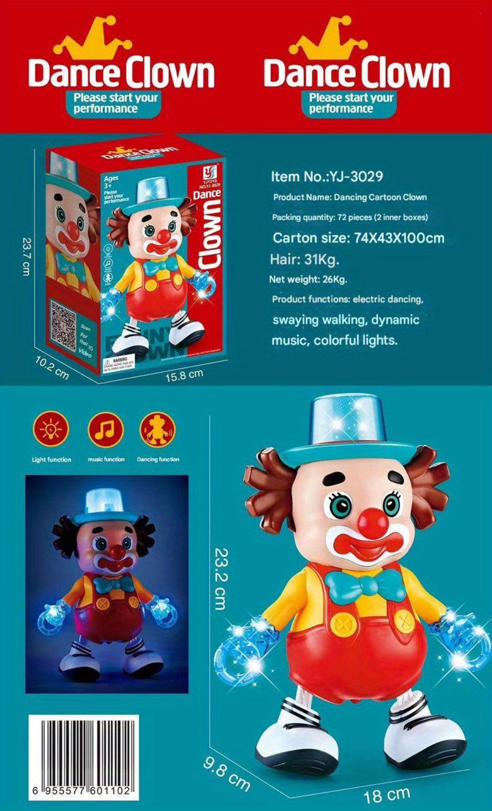 Dancing Clown Toy Doll Light Music Swing Left And right, Toys for Kids girls, Fidget toys, Toys for boys, toy, Christmas Gifts Birthday Gifts for kids, Weird stuff, Halloween Decorations