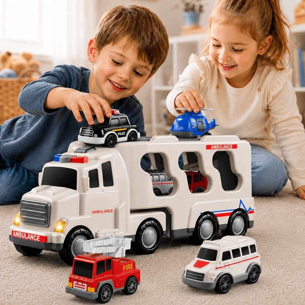 Ambulance Carrier Truck Toy 5-in-1 with Light and Sound for Kids 3-8, Friction Powered Rescue Vehicle Set with Fire Truck Police Car Helicopter Mini Cars, Birthday Christmas Gift for Boys Girls
