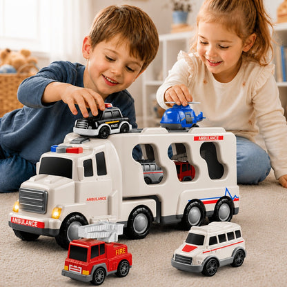 Ambulance Carrier Truck Toy 5-in-1 with Light and Sound for Kids 3-8, Friction Powered Rescue Vehicle Set with Fire Truck Police Car Helicopter Mini Cars, Birthday Christmas Gift for Boys Girls