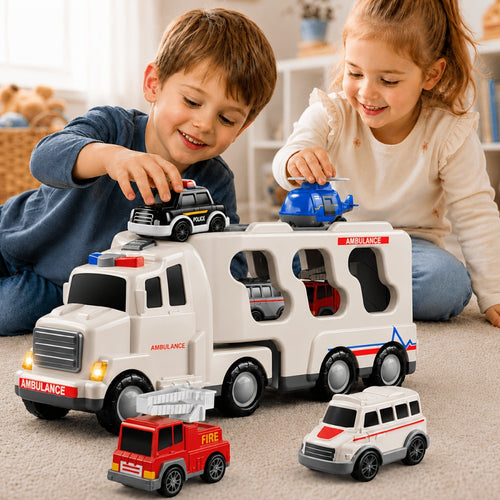 Ambulance Carrier Truck Toy 5-in-1 with Light and Sound for Kids 3-8, Friction Powered Rescue Vehicle Set with Fire Truck Police Car Helicopter Mini Cars, Birthday Christmas Gift for Boys Girls