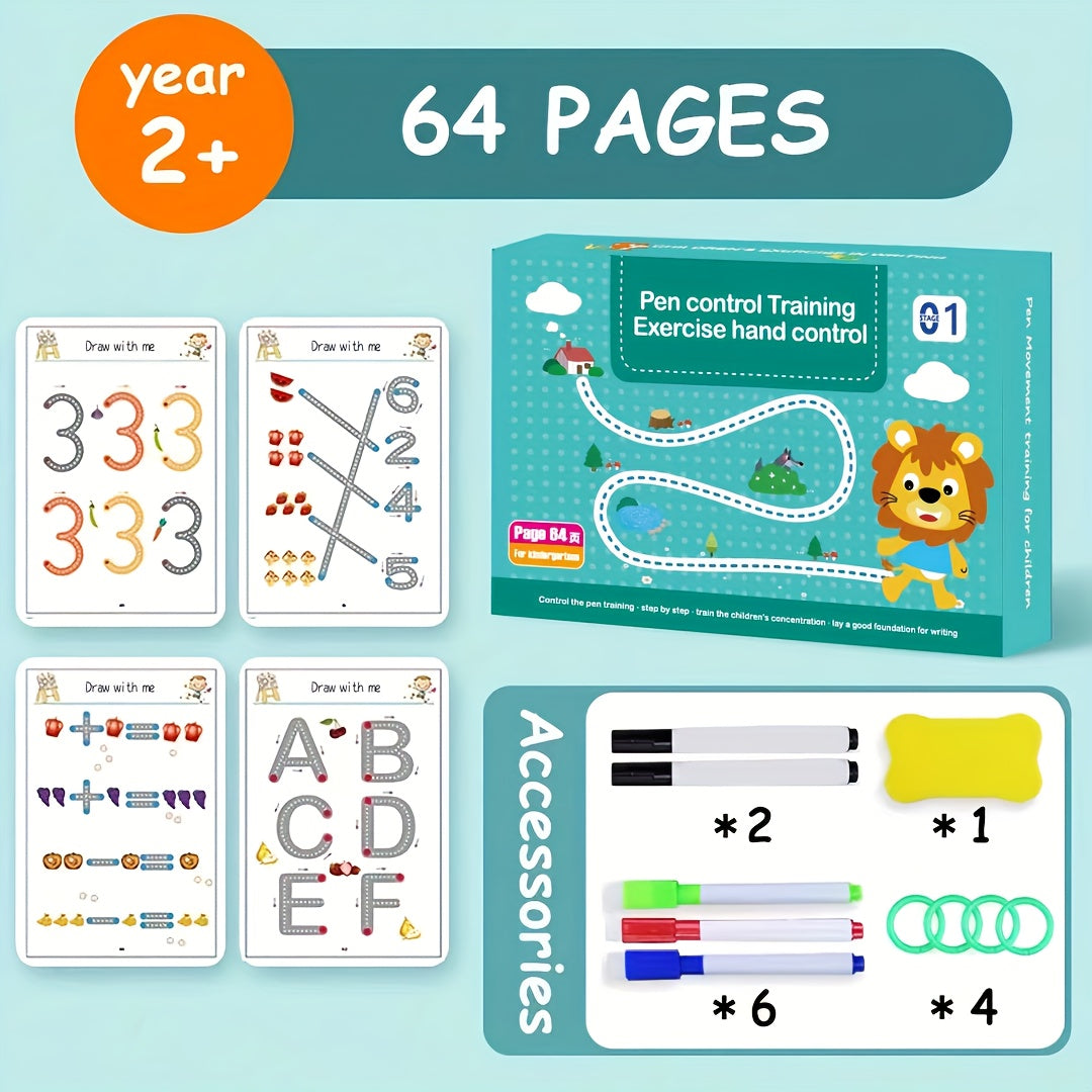 64 Pages Magic Practice Book Set, Reusable Handwriting Practice Book Learning, Magic Lettering Letter Lines Numbers Tracing Handwriting Calligraphy Practice Book For Gift (With Erasable Pen)