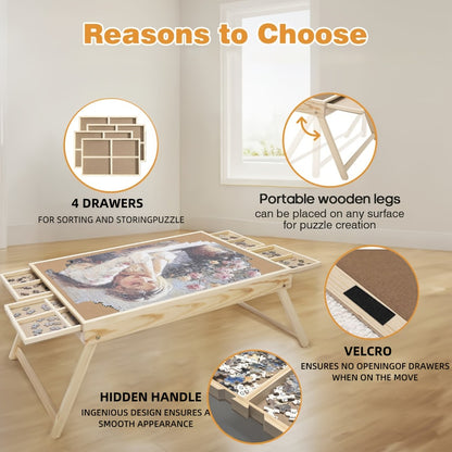 Jigsaw Puzzle Table with Folding Legs – 4 Drawers 16 Sorting Grids Portable Wooden Puzzle Board for 1000 Pieces, Storage Organizer Gift for Adults Seniors Family Game Night Home Office