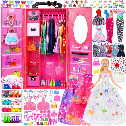 Fashion Doll Wardrobe Set 140pcs for 11.5 Inch Dolls – Deluxe Closet with Wedding Dress, Evening Gowns, Princess Dresses, Shoes, Necklaces & Accessories, Doll Included, Gift for Girls Ages 6-12