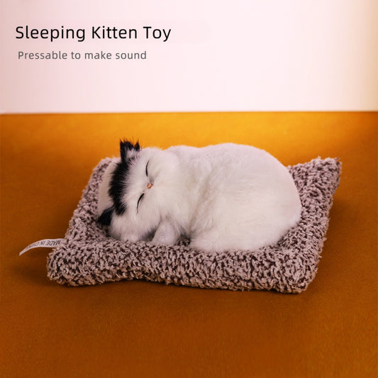 Realistic Simulation Sleeping Kitten Plush Toy, Kids Toddler Stuffed Animal Doll, Soft Faux Fur, Press Back for 3 Meow Sounds (Not Purring), Cute Mini Ornament for Car Home Bedroom Desk Decor, Birthday Holiday Gift for Children & Cat Lovers