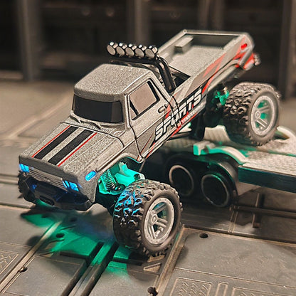 Mini RC Truck 1:64 Scale with Trailer – 2.4GHz Alloy Remote Control Monster Off-Road Pickup, Body Lights & Headlights, Rock Crawler Toy for Boys, Birthday Christmas Gift (Green/Gray/Blue)