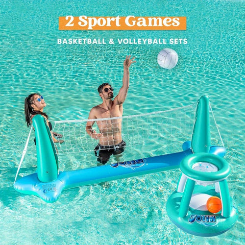 SYNCFUN Inflatable Pool Float Set Volleyball Net & Basketball Hoops, Floating Swimming Game Toy for Kids And Adults, Summer Floaties, Pool Party Games & Activities, Volleyball Court (105''x28''x35'') Basketball (27''x23''x27''), L-Blue