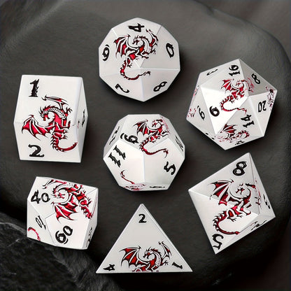 Dragon Metal Dice Set 7pcs Hand-Polished – Retro Carved Dragon Pattern Polyhedral DnD TTRPG RPG Dice with Dragon Storage Bag, D4 D6 D8 D10 D12 D20, Bronze Silver Black Blue White Cyan