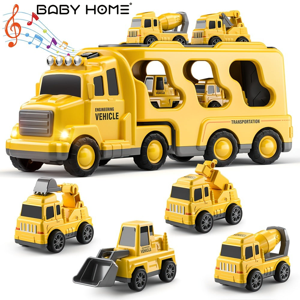 Construction Carrier Truck Toy Set for Kids 3-7, Large Transport Truck with 4 Mini Engineering Vehicles Excavator Mixer Crane Bulldozer, Friction Powered Yellow Toy for Boys Girls Birthday Gift